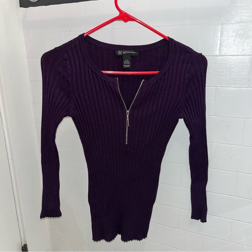 INC International Concepts Petite Ribbed Purple Tight Long Sleeve Half Zip Top